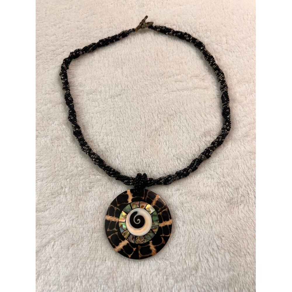 Boho Statement Necklace Black‎ Beaded Strand Shell Abalone Pendant Tribal